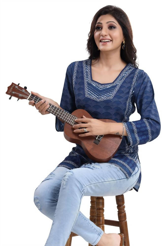 Snehal Creations Indigo Blue Summer Cool Short Kurti Tunic Top | Grocsy