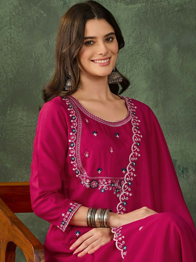 The52 Women's Gorgeous Embroidery Work Vichitra SIlk Fabric Flared Kurta Pant and Dupatta Set | Grocsy