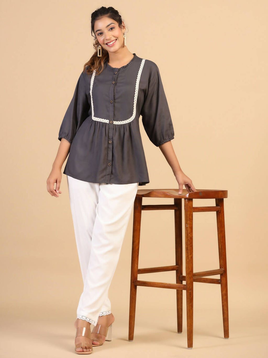 Womens Grey Rayon Solid Top - Keeva | Grocsy