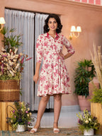 Juniper Women's Off White Floral Printed Liva Rayon Dress With Button Closure & Tie-ups | Grocsy