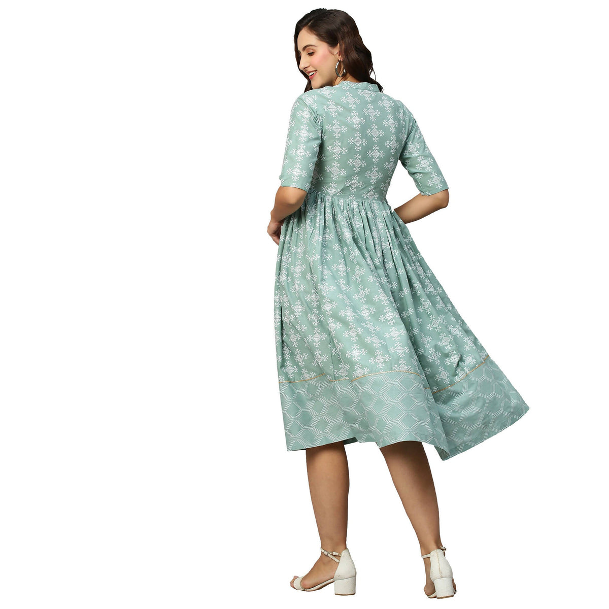 Green & Off-White Ethnic Motifs Printed Cotton A-Line Dress - Poonam | Grocsy