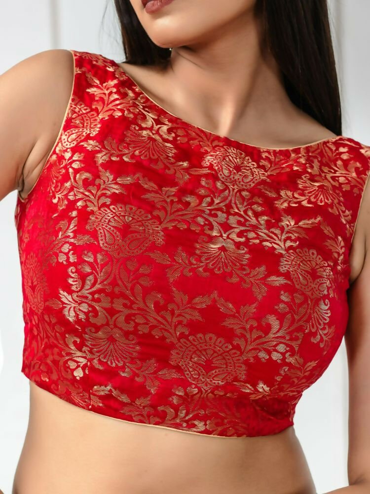 Amodini Designer Studio Women's Banarsi Brocade Sleeveless Red Blouse | Grocsy
