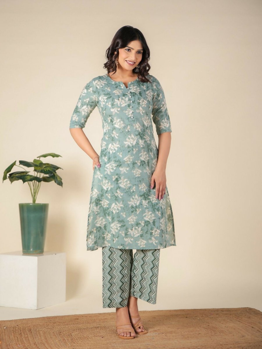 Aramya Green Soft Cotton Floral Print A-line Kurta Set for Women | Grocsy
