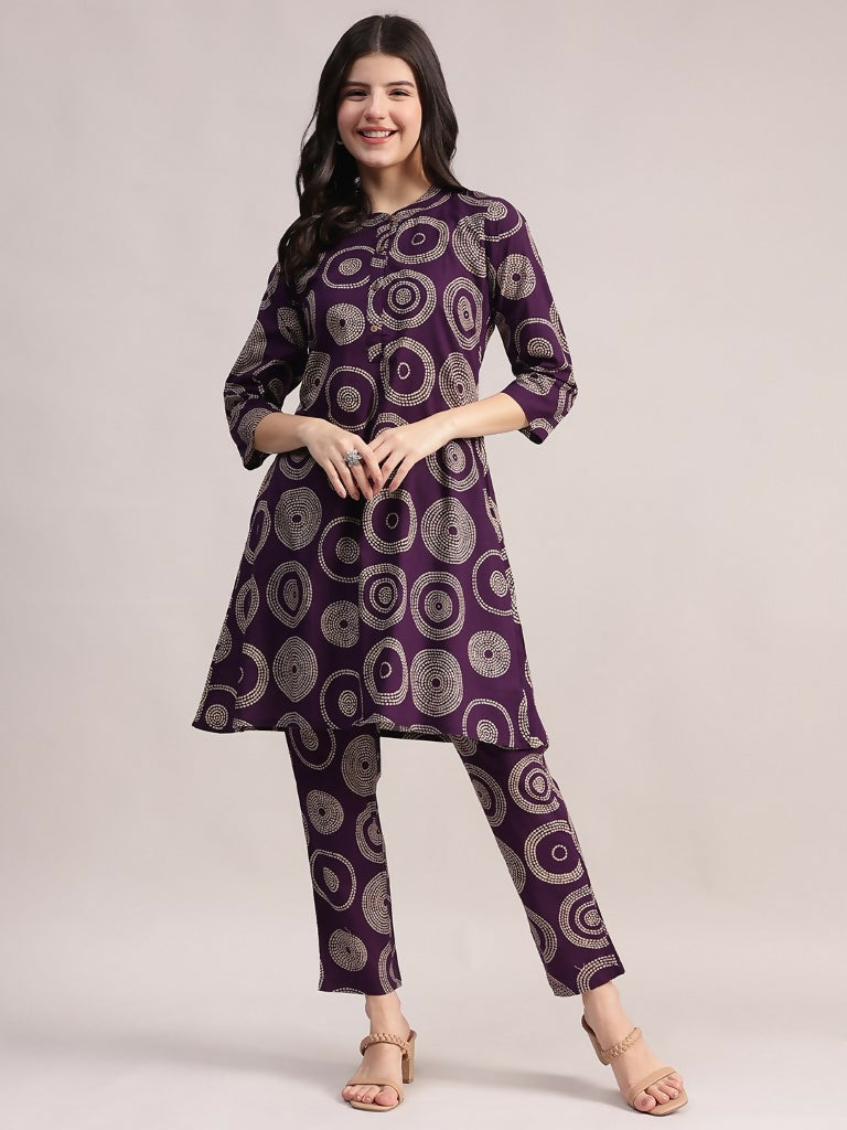 Aavyora Women's Purple Abstract Printed Pure Cotton Co-ord Set | Grocsy