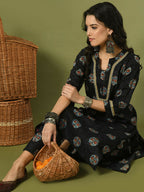 Myshka Women's Black Printed Cotton Straight Party Kurta Set | Grocsy
