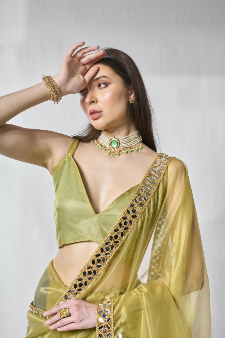 Green Gold Tissue Net Solid & Gold Cotted Saree - Samaa | Grocsy