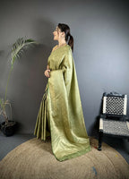 Joban Fashion Dusty Green Paisley & Floral Soft Satin Silk Banarasi Silk Saree | Grocsy