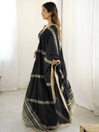The52 Women's Gorgeous Chinon Silk Fabric Embroidery Work Flared Anarkali Pant and Dupatta Set | Grocsy