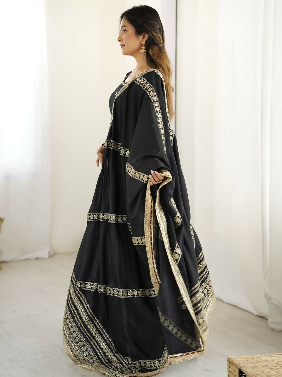 The52 Women's Gorgeous Chinon Silk Fabric Embroidery Work Flared Anarkali Pant and Dupatta Set | Grocsy