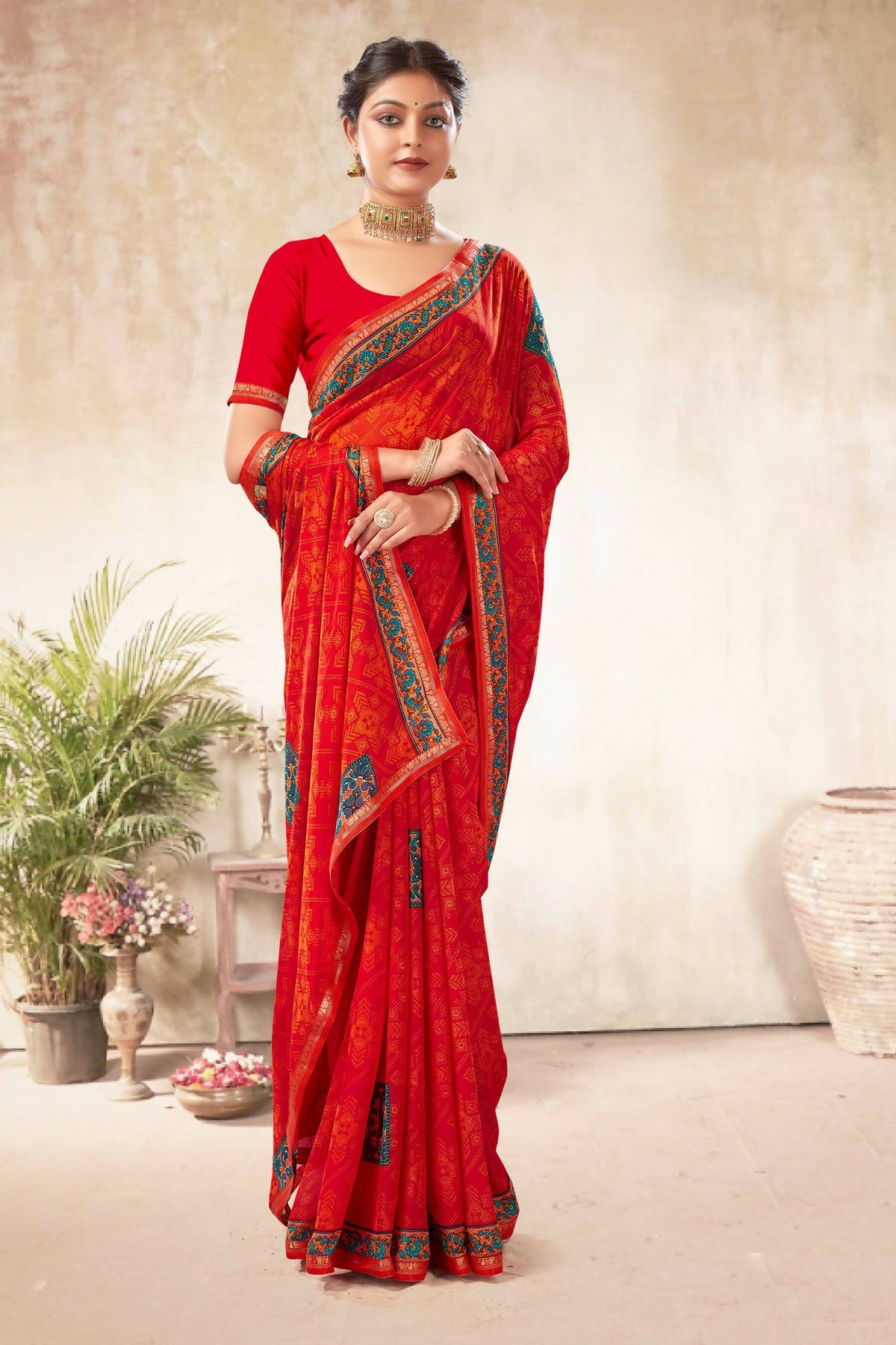 Red Georgette Bandhni Printed Saree With Unstitched Blouse Piece - Shanaya | Grocsy