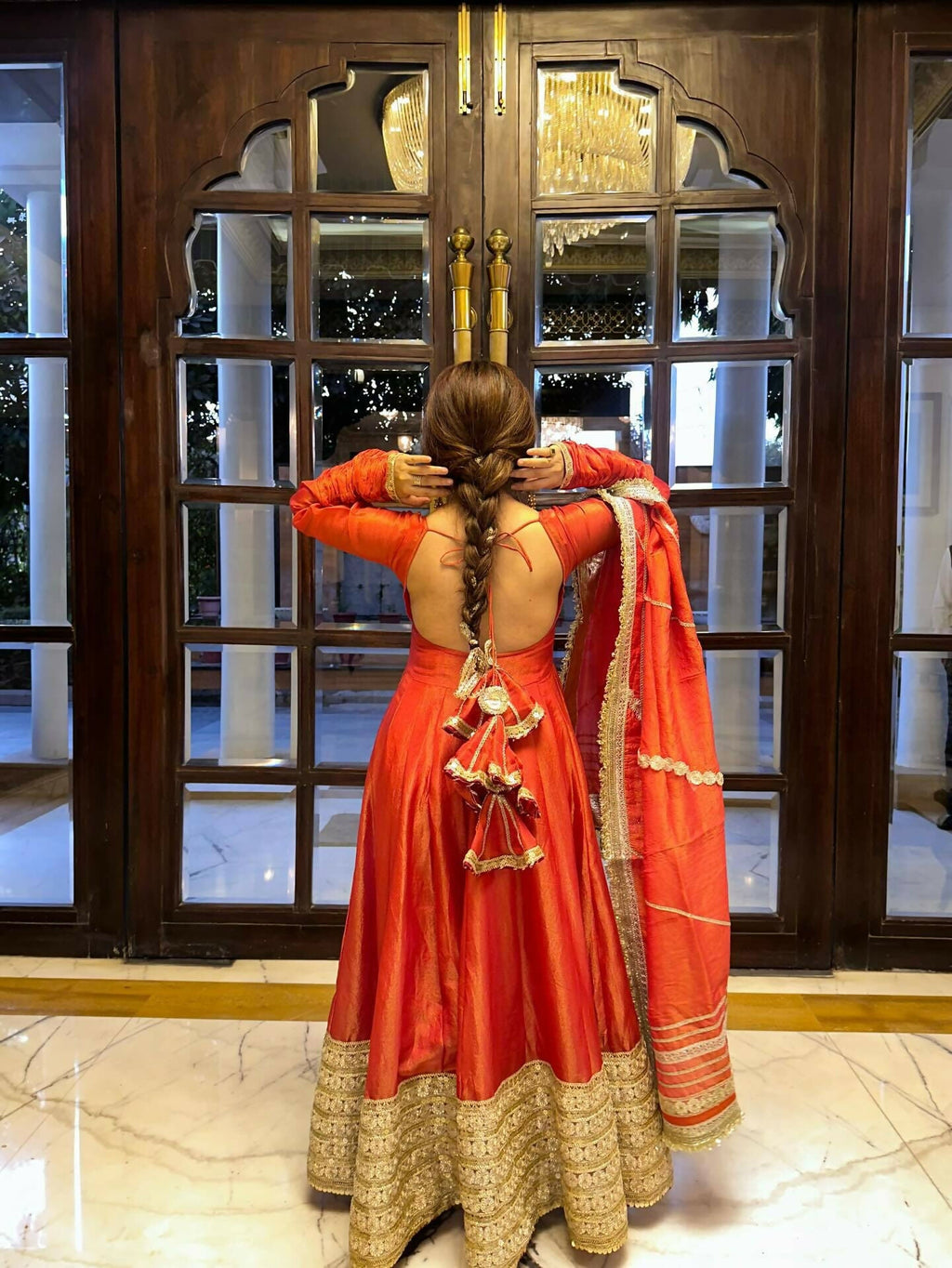 Teeya Creation Womens New Fancy Silk Heavy Quality Fabric With Handwork Orange Gown Set | Grocsy