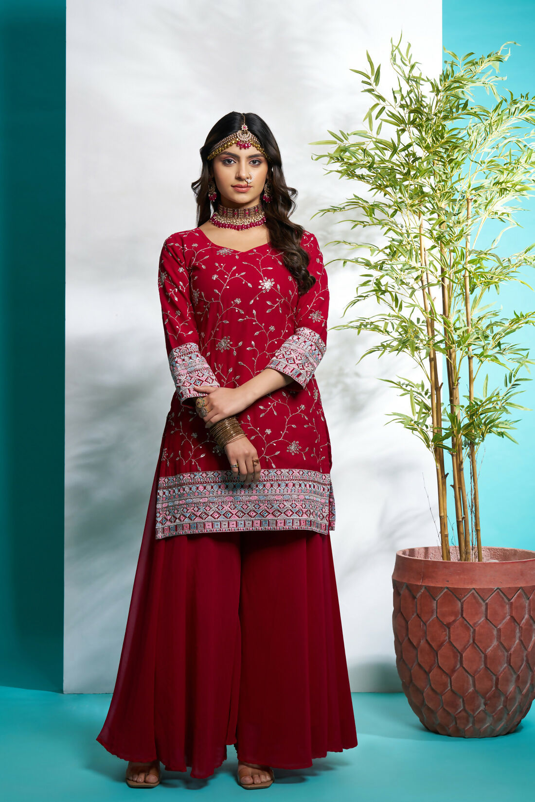 Aayaa Designer Faux Gorgette Embroidery Zari Sequins Thread work Full Flaired plazzo Suit with Dupatta - Maroon | Grocsy