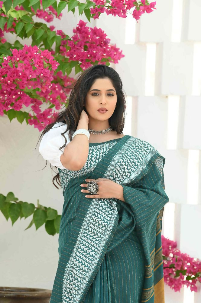 Beatitude Green Cotton Jacqaurd Border Tangail Handloom Saree | Grocsy