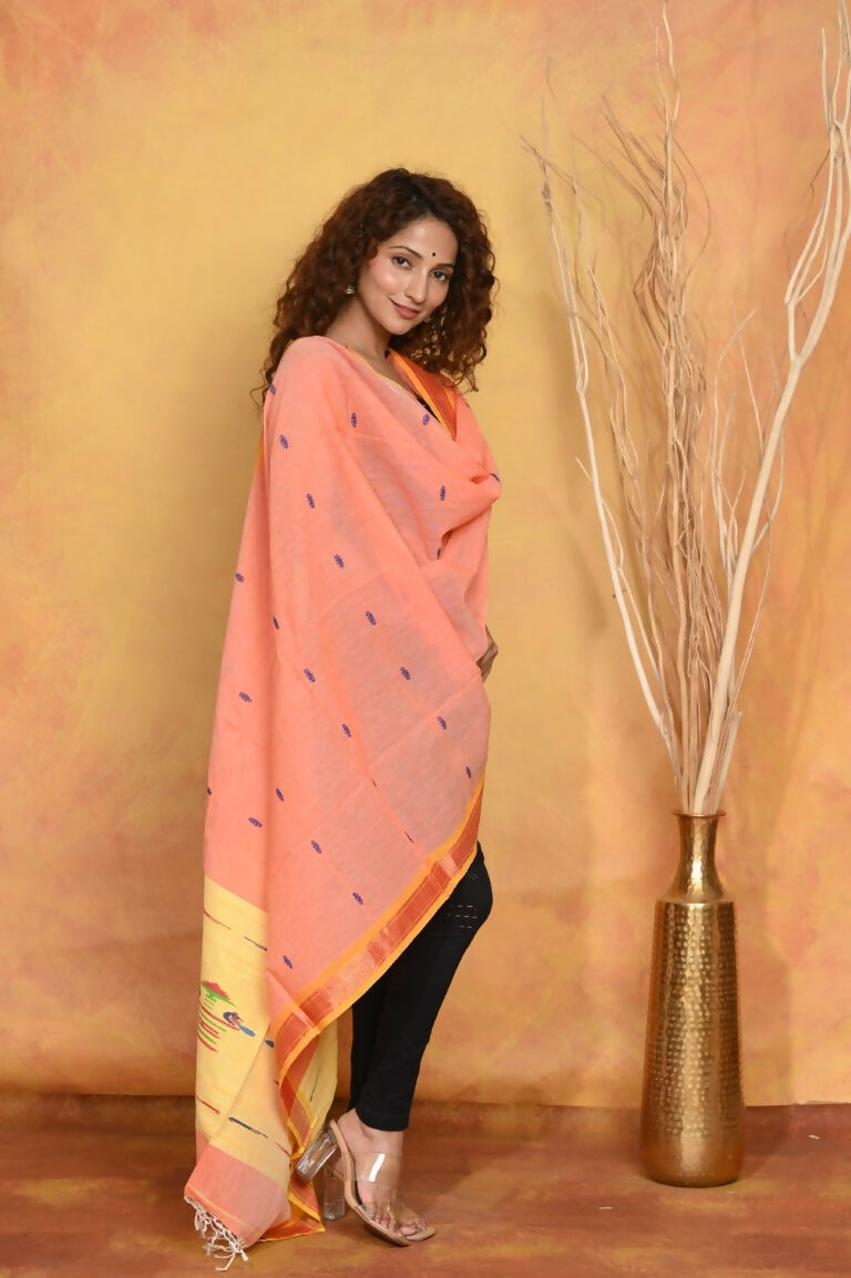 Very Much Indian Handloom Pure Cotton Paithani Dupatta Orange | Grocsy
