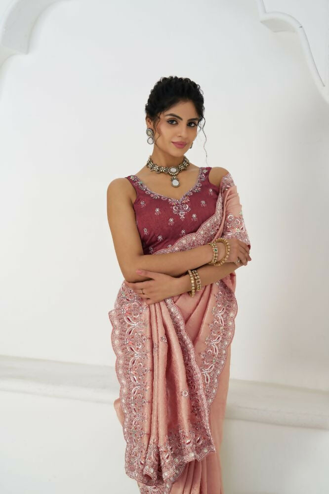 Kesar Fab Latest Pink Pure Dola Viscouse Silk With Sequins And Beads Embroidery For Brides Saree | Grocsy