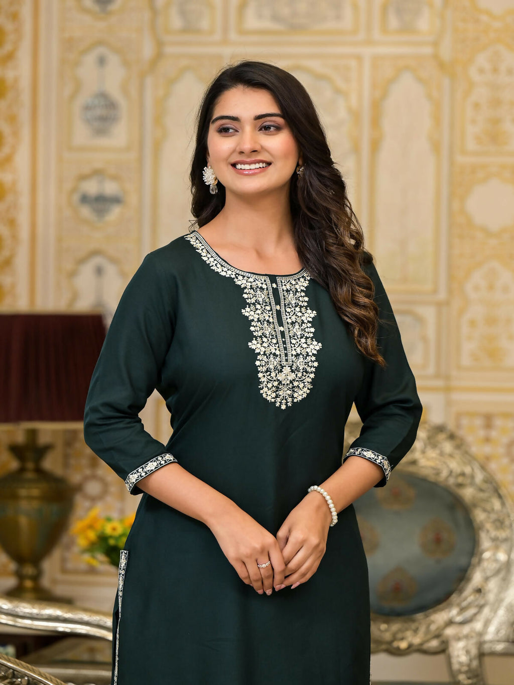 Juniper Women's Green Thread Embroidered Rayon Kurta | Grocsy