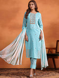 Sangria Ethnic Motifs Embroidered Thread Work Chanderi Cotton Kurta Trouser & Dupatta | Grocsy