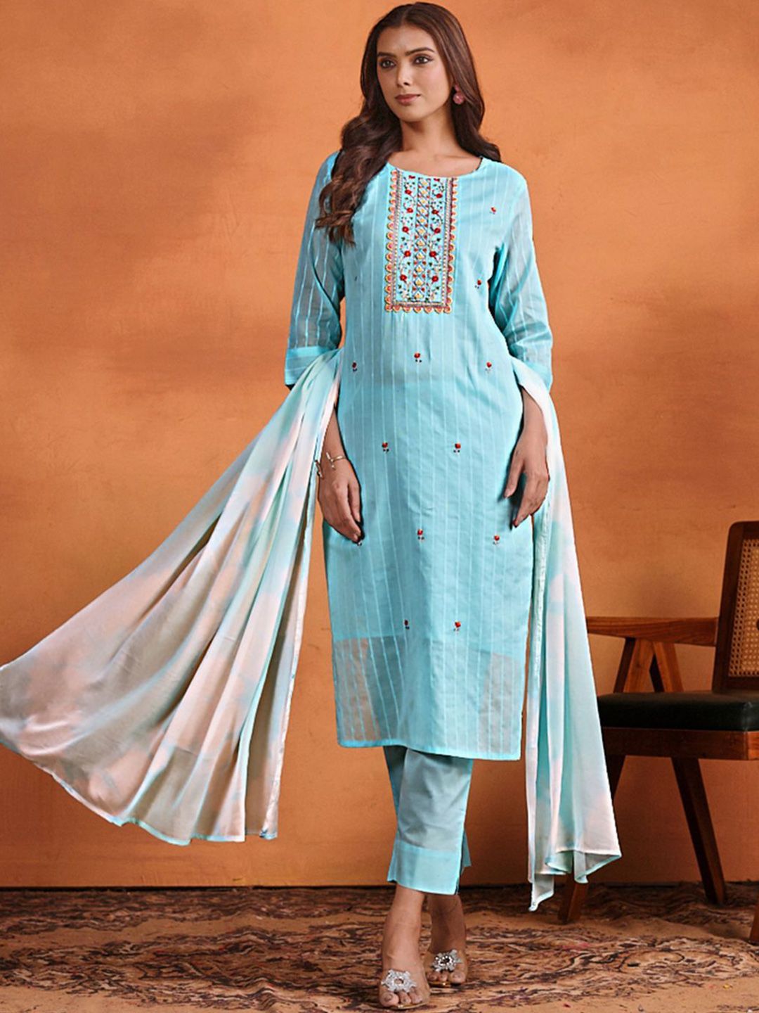 Sangria Ethnic Motifs Embroidered Thread Work Chanderi Cotton Kurta Trouser & Dupatta | Grocsy