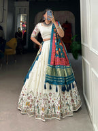 Vastranavya Traditional Special Khadi Cotton Sequins And Thread Embroidery Work Lehenga with Unstitched Blouse - White | Grocsy