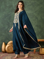 The52 Women's Beautiful Embroidery Work Vichitra Silk Fabric Flared Kurta Pant and Dupatta Set-Petrol | Grocsy