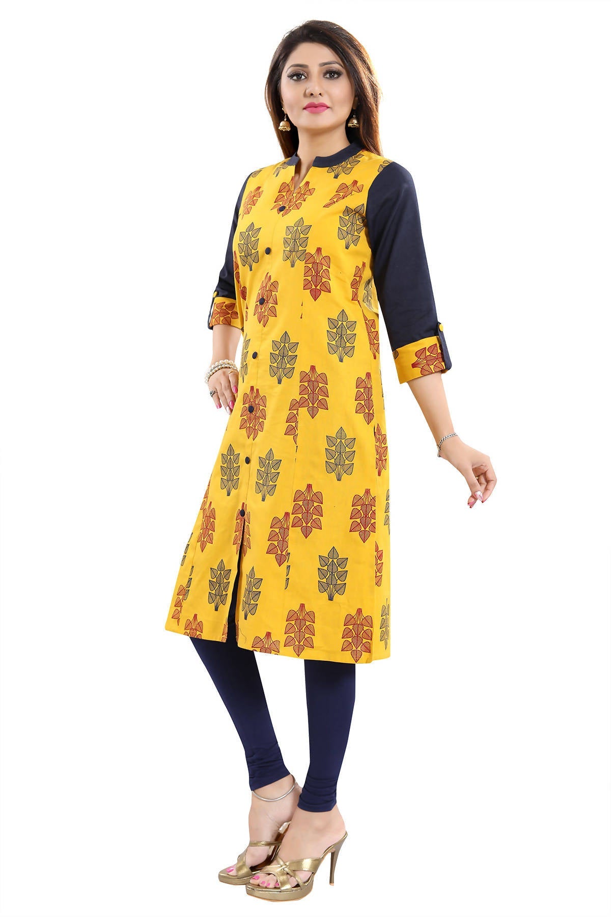 Snehal Creations Luscious Lemon Yellow Shirt Style Cotton Printed Tunic | Grocsy