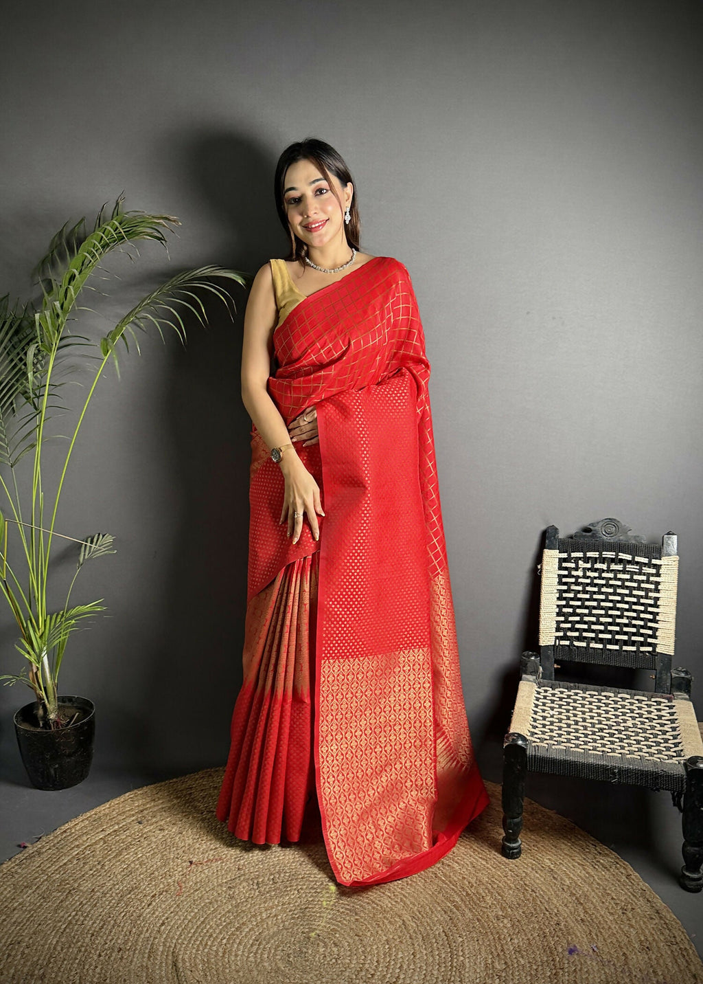 Joban Fashion Red Banarasi Soft Lichi Silk Checks & Woven Saree | Grocsy