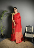 Joban Fashion Red Banarasi Soft Lichi Silk Checks & Woven Saree | Grocsy