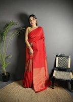 Joban Fashion Red Banarasi Soft Lichi Silk Checks & Woven Saree | Grocsy