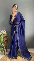 Vastranavya Blue Rangoli Silk Real Mirror work with Swarovski work Ready to Wear Saree | Grocsy