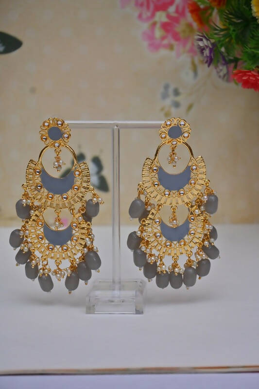 Meenakari Work Gold-Polished 2 Layered Beaded Grey Chandbali Earrings with Kundan and Pearl Work By House of Ree - House of Ree