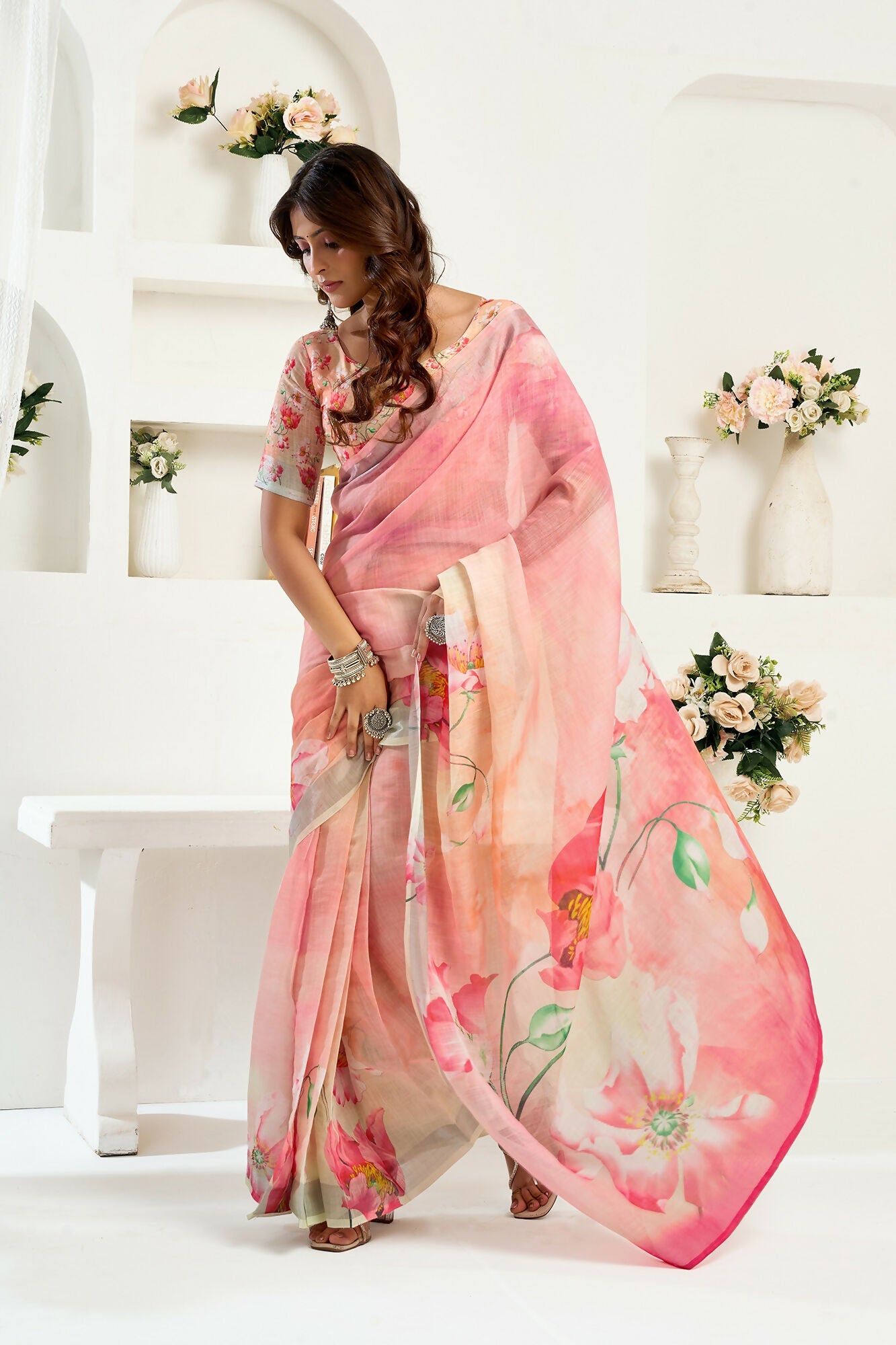 Vastranavya Peach Digital Printed Linen Ready To Wear Designer Saree with Unstitched Blouse | Grocsy