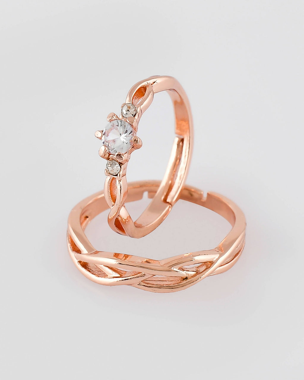 VOJ Stainless Steel Cubic Zirconia Rose Gold-Polished Adjustable Ring Set for Couple | Grocsy