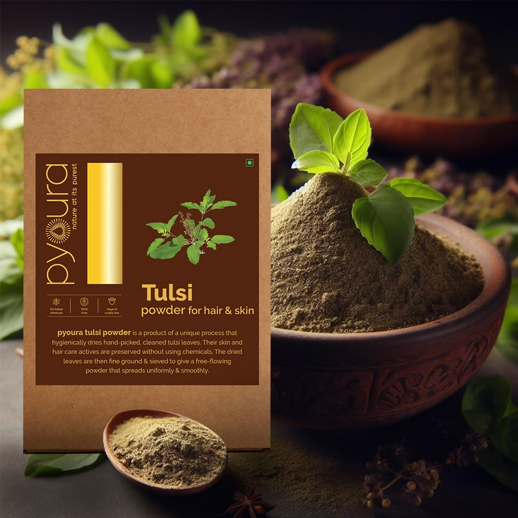 Pyoura Pure Tulsi Powder 100% Natural Hygienically Dried Face Pack For Youthful Clear Skin | Grocsy
