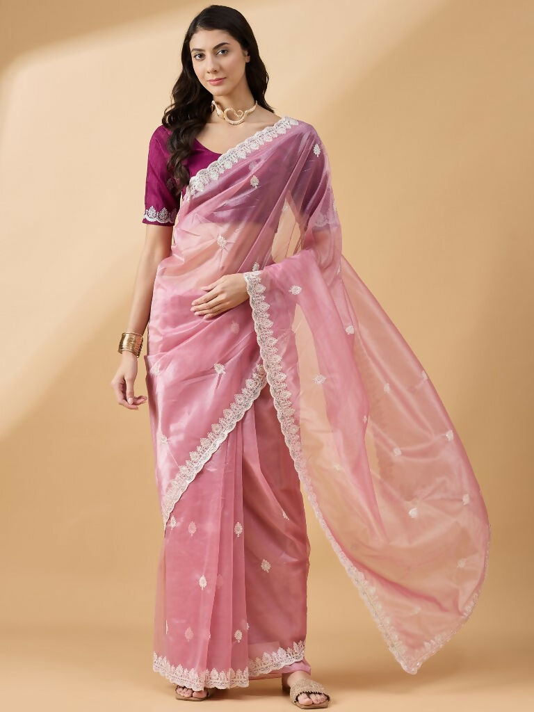 Pink Organza Sequence Embroidered Saree with Unstitched Blouse - Satya | Grocsy