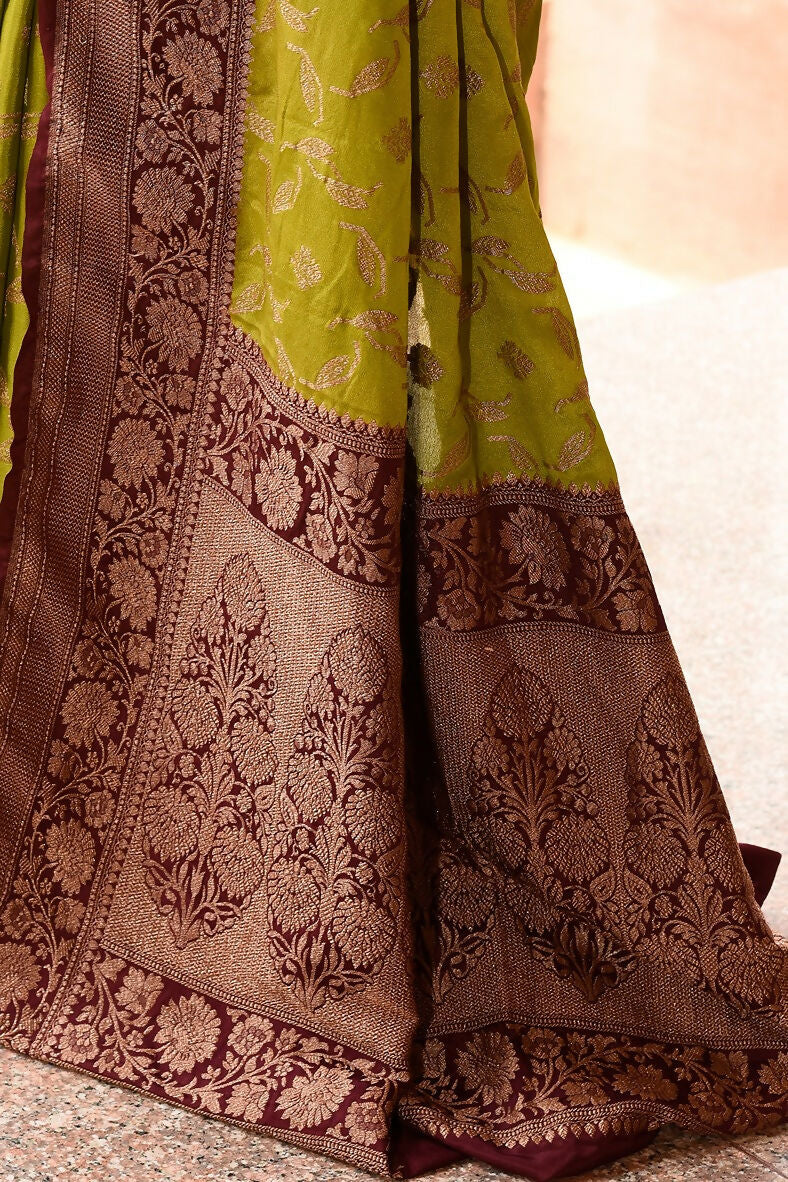 Joban Fashion Grass Green Crepe Chiffon Pure Handloom Banarasi Silk Saree | Grocsy