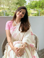 Prime Volt Women's Cream Floral Digital Print Soft Linen Saree With Lace Border & Blouse | Grocsy