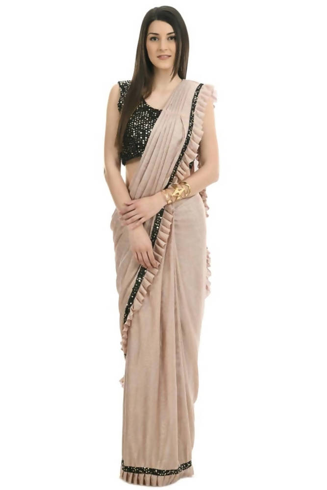 Mominos Fashion All Season Wear Beige And Black Colour Ruffled Ready To Wear Saree | Grocsy