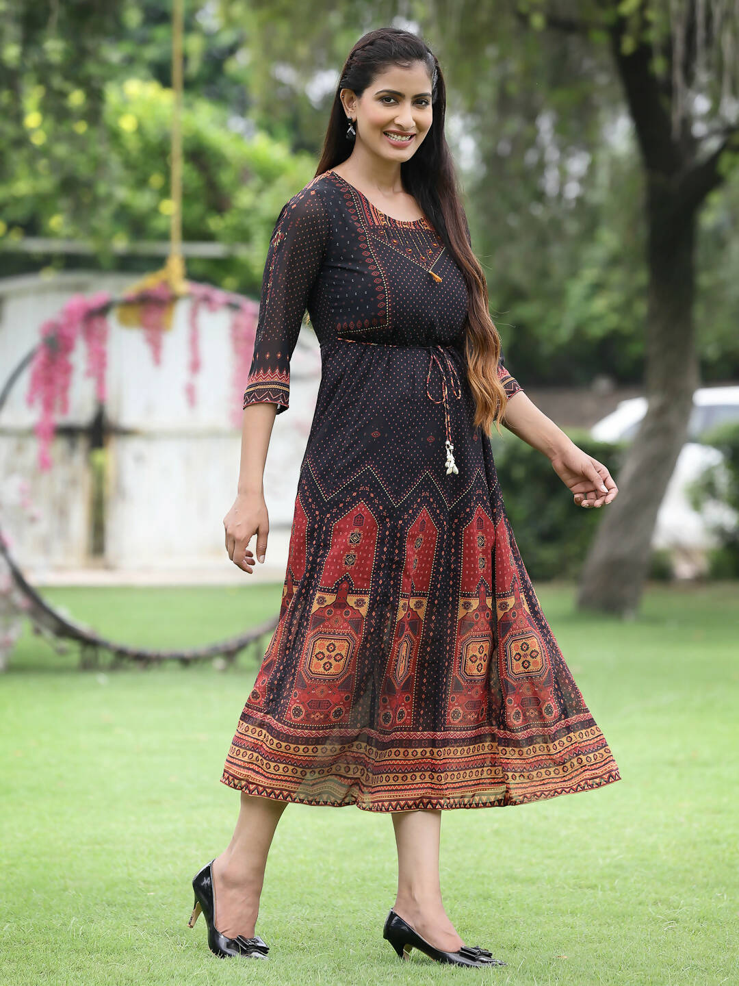 Juniper Black Georgette Festive Printed A-Line Dress For Women | Grocsy