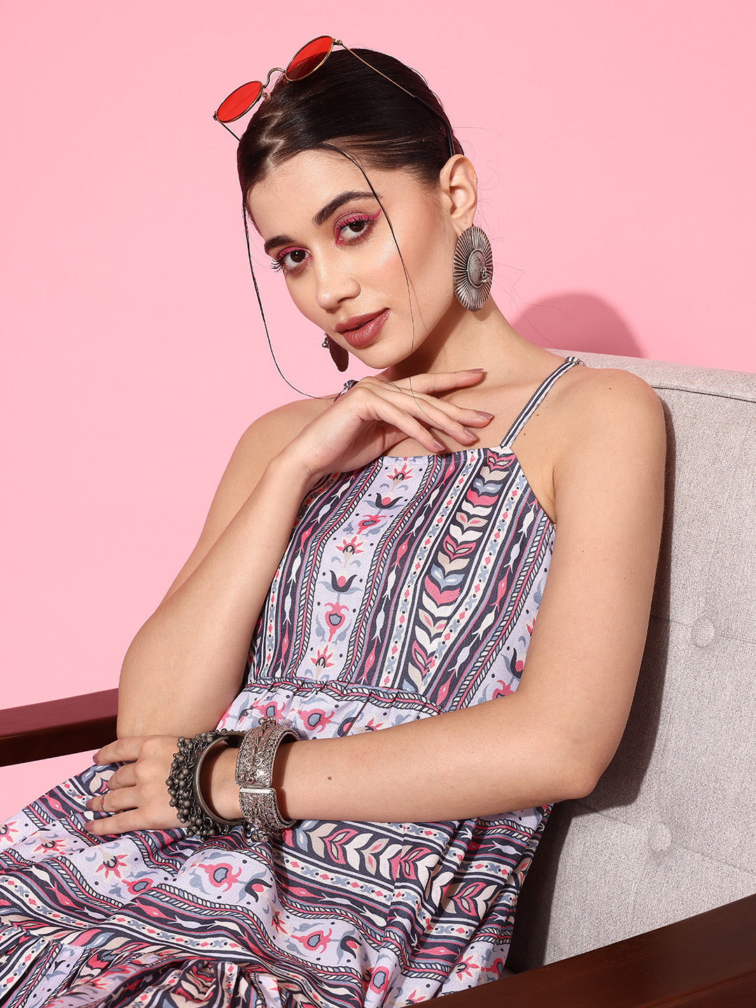 Yufta Ethnic Motifs Print A-Line Pure Cotton Ethnic Dress | Grocsy