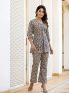Yufta Ethnic Motifs Print Grey Cotton A-Line Co-Ord Set | Grocsy