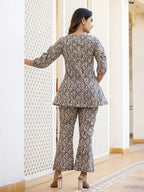 Yufta Ethnic Motifs Print Grey Cotton A-Line Co-Ord Set | Grocsy