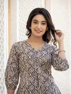 Yufta Ethnic Motifs Print Grey Cotton A-Line Co-Ord Set | Grocsy