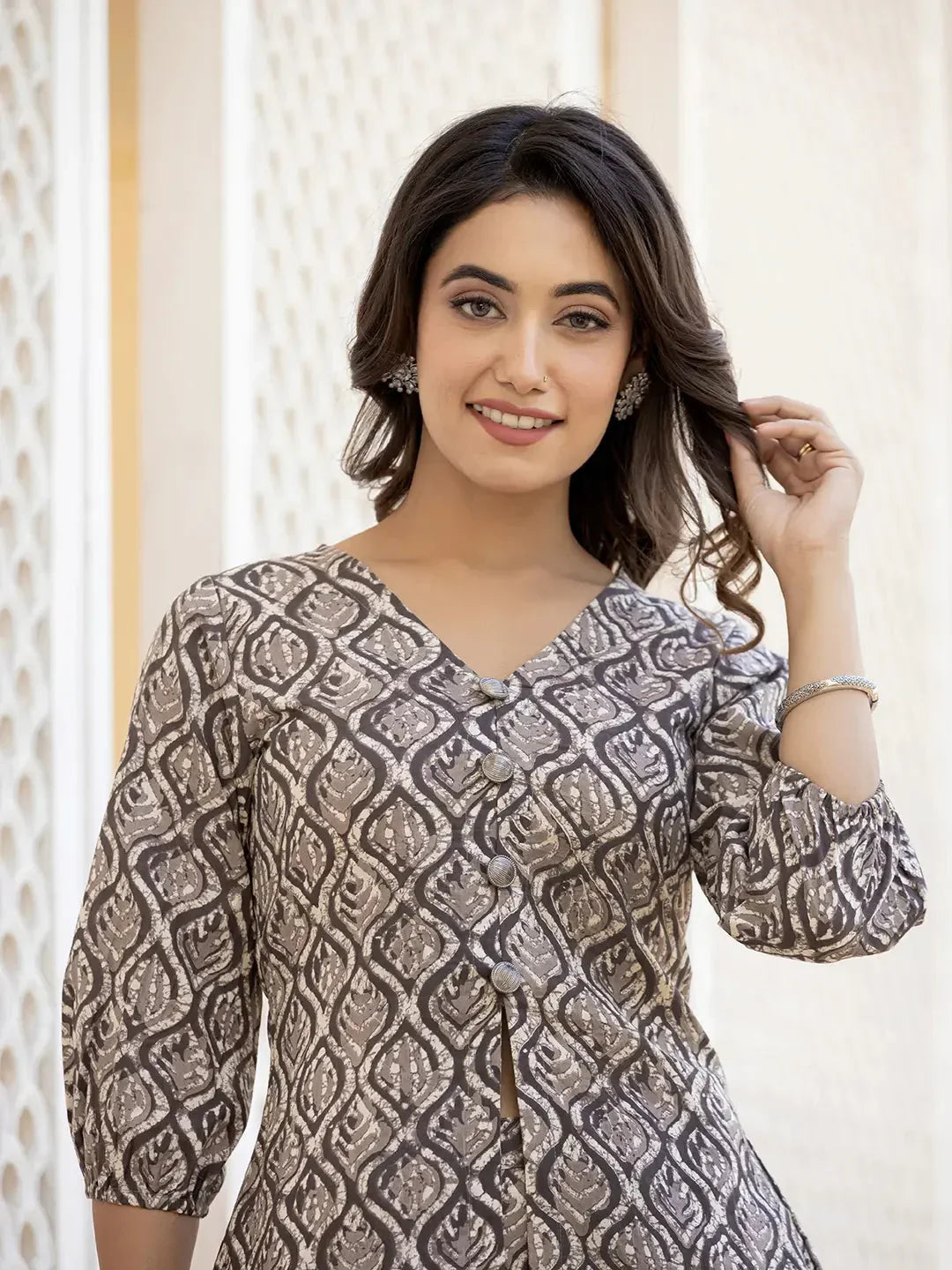 Yufta Ethnic Motifs Print Grey Cotton A-Line Co-Ord Set | Grocsy