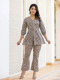 Yufta Ethnic Motifs Print Grey Cotton A-Line Co-Ord Set | Grocsy