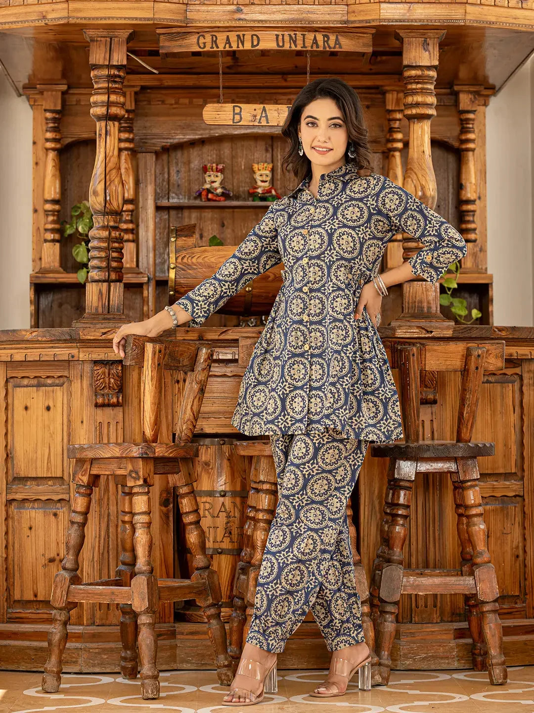 Yufta Ethnic Motifs Print Navy Blue Cotton Co-Ord Set | Grocsy