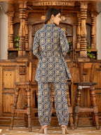 Yufta Ethnic Motifs Print Navy Blue Cotton Co-Ord Set | Grocsy