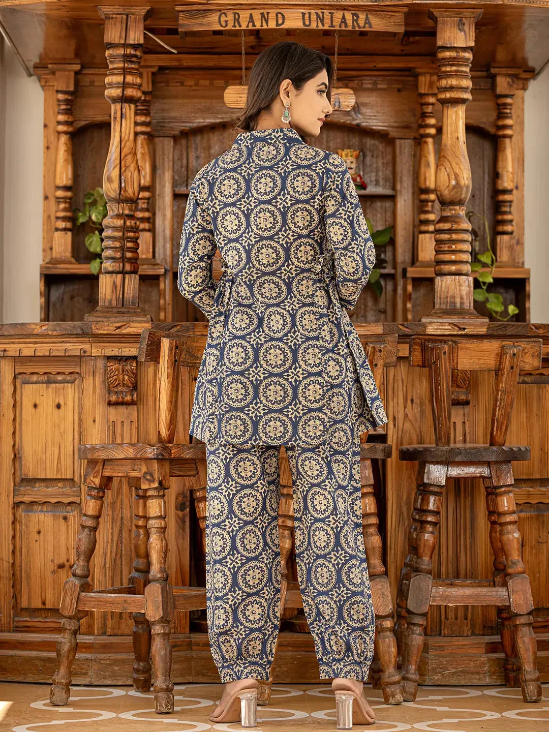 Yufta Ethnic Motifs Print Navy Blue Cotton Co-Ord Set | Grocsy