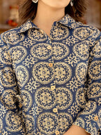 Yufta Ethnic Motifs Print Navy Blue Cotton Co-Ord Set | Grocsy