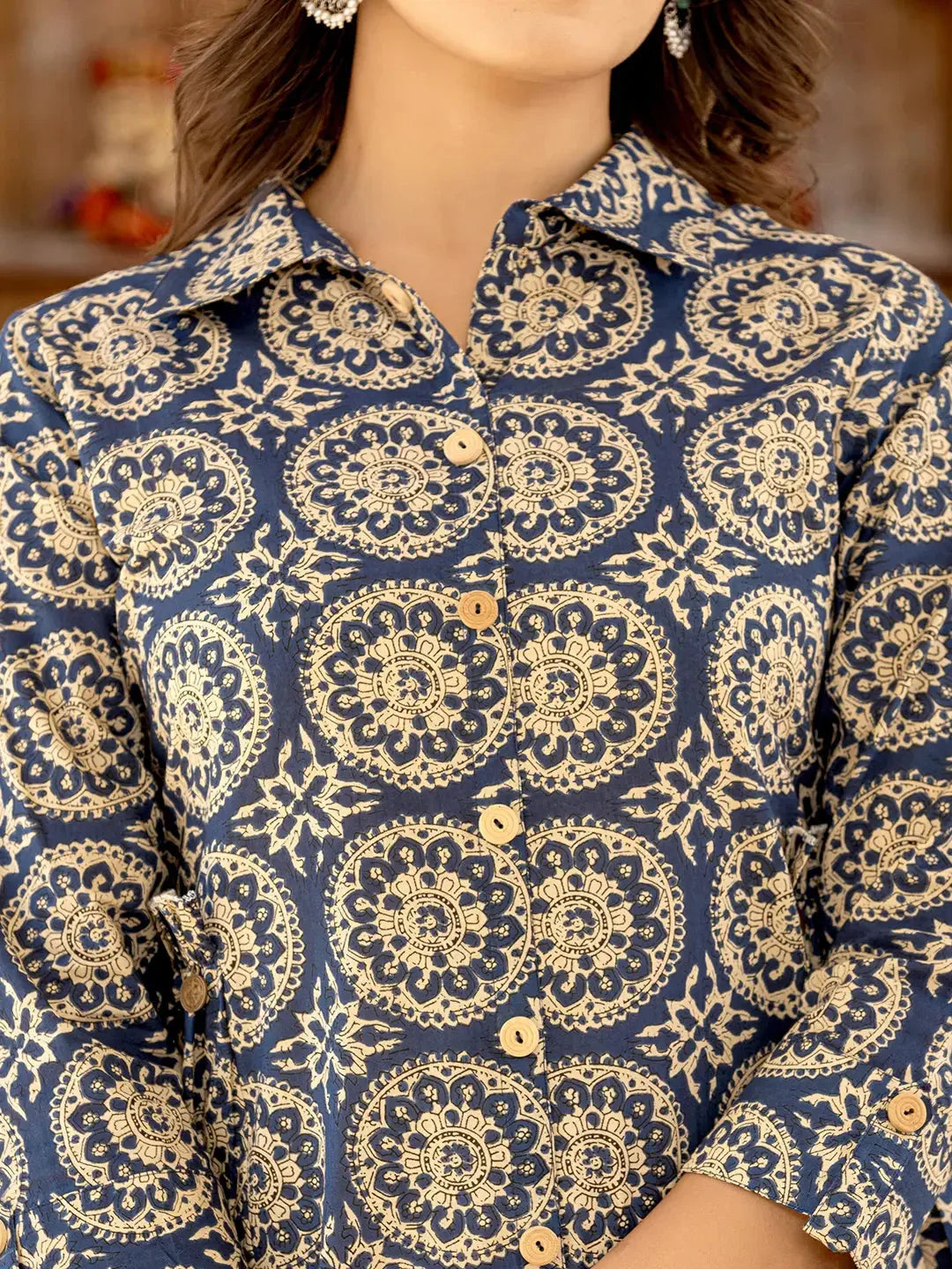 Yufta Ethnic Motifs Print Navy Blue Cotton Co-Ord Set | Grocsy
