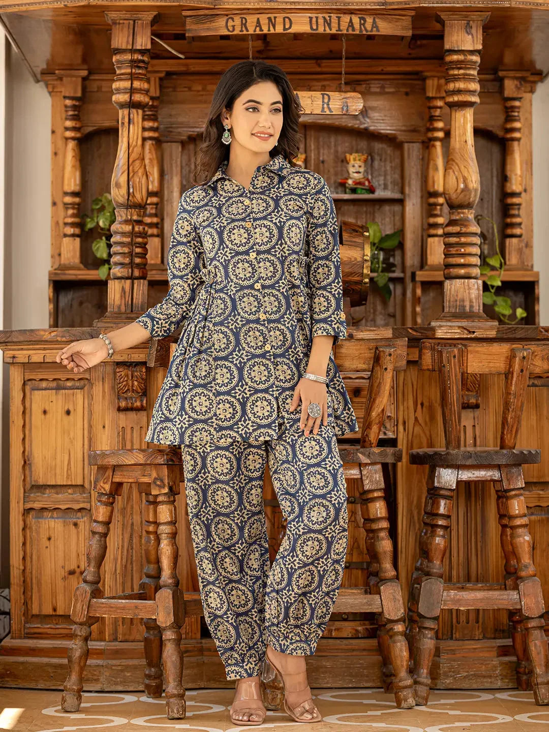 Yufta Ethnic Motifs Print Navy Blue Cotton Co-Ord Set | Grocsy